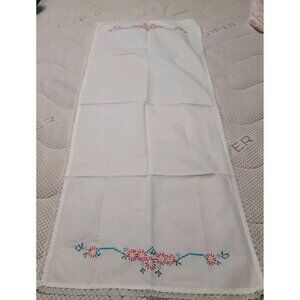 Vintage White Pink Green Embroidered Floral 16 x 38" Dresser Scarf